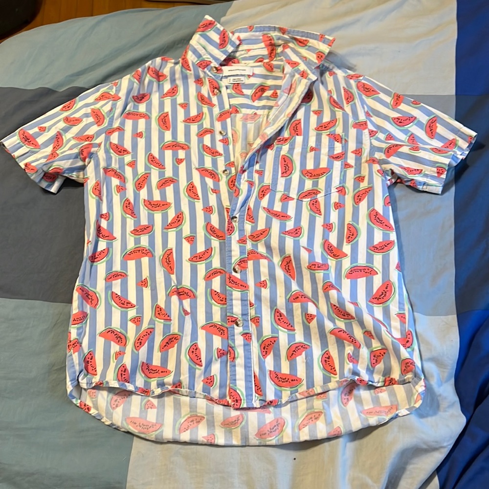 Blue and White Striped Button Down with Watermelons